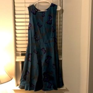XL, butterfly print, A-line dress, turquoise, blue and gold w/tie in the back.